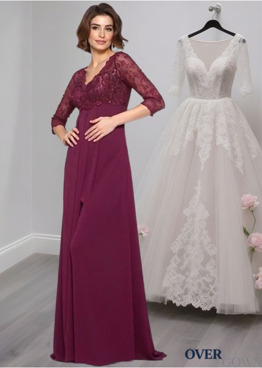 Elegant V-Neck Chiffon Mother of the Bride Dress with Beading and 3/4 Sleeves Elegant V-Neck Chiffon Mother of the Bride Dress with Beading and 3/4 Sleeves