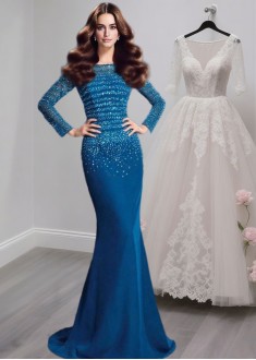 Off-the-Shoulder Long Sleeve Chiffon Evening Dresses Gowns with Beading