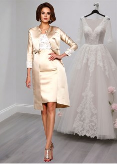 Knee-Length Mother of the bride Outfits – Square Neck Sheath Gown with Applique