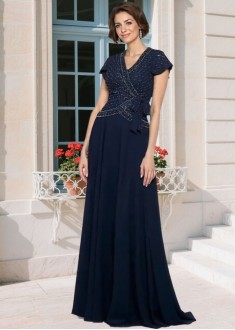 Elegant Chiffon Mother of the Bride Dress – V-Neck Beaded A-Line Gown with Short Sleeves
