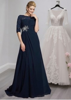 Chiffon Mother of the Bride Dress – Scoop Neck A-Line Gown with 1/2 Sleeves Chiffon Mother of the Bride Dress – Scoop Neck A-Line Gown with 1/2 Sleeves