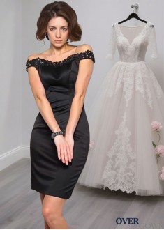 Off-the-Shoulder Satin Mother of the Bride Dress – Knee-Length Sheath Gown Off-the-Shoulder Satin Mother of the Bride Dress – Knee-Length Sheath Gown