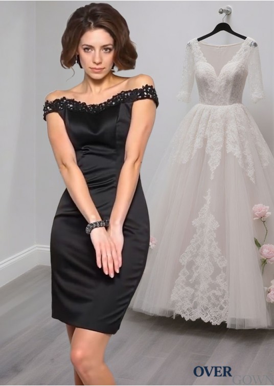 Off-the-Shoulder Satin Mother of the Bride Dress – Knee-Length Sheath Gown Off-the-Shoulder Satin Mother of the Bride Dress – Knee-Length Sheath Gown