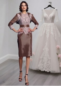 Knee-Length Taffeta Mother of the Bride Dress with Lace Embellishment and Jewel Neck