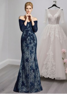 Off-the-Shoulder Lace Trumpet Mermaid Mother of the Bride Dress with 3/4 Sleeves
