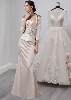 Strapless Satin Beaded Mother of the Bride Dress with Handmade Flowers Strapless Satin Beaded Mother of the Bride Dress with Handmade Flowers