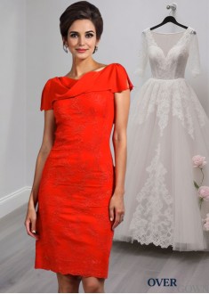 Knee-Length Satin Sheath Party Dress with Lace and Short Sleeves