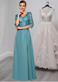 Elegant V-Neck Chiffon A-Line Mother of the Bride Dress with Lace and 1/2 Sleeves