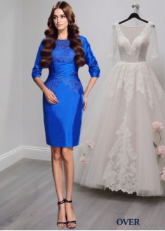 Short Scoop Neck Taffeta Mother of the Bride Dress with Applique – Sheath Silhouette