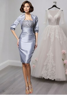 Taffeta Sweetheart Neck Mother of the Bride Dress – Sheath Knee-Length Gown