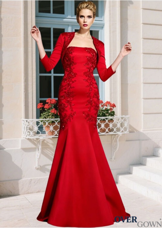 Satin Strapless Trumpet Mother of the Bride Dress with Applique Satin Strapless Trumpet Mother of the Bride Dress with Applique