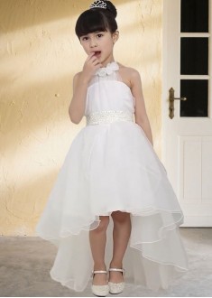 Organza Flower Girl Dress with Beading – High Neck Asymmetrical Princess Dress