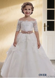Floor-Length Short Sleeve Off-Shoulder Tulle Flower Girl Dress