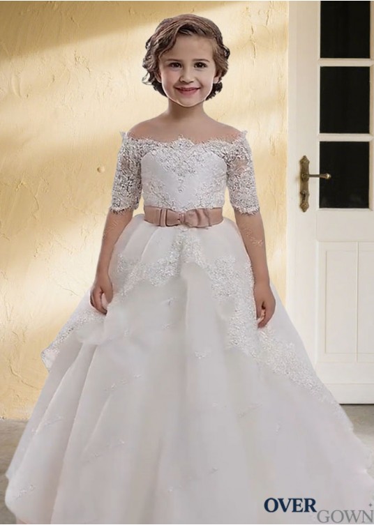 Floor-Length Short Sleeve Off-Shoulder Tulle Flower Girl Dress Floor-Length Short Sleeve Off-Shoulder Tulle Flower Girl Dress