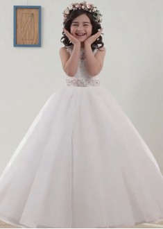 Elegant Tulle Ball Gown Flower Girl Dress with Sash for Wedding