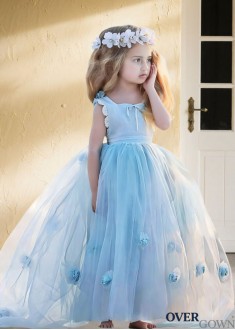 Bateau Neck Flower Girl Ball Gown - Hand-Made Flower Tulle Dress Floor Length
