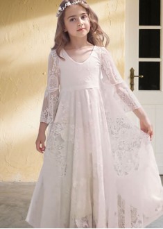 Lace V-Neck Long Sleeves Floor Length Flower Girl Dresses