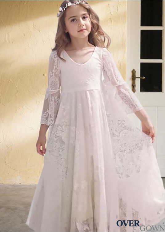 Lace V-Neck Long Sleeves Floor Length Flower Girl Dresses Lace V-Neck Long Sleeves Floor Length Flower Girl Dresses