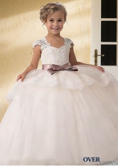 Floor-Length Sleeveless Tulle Flower Girl Dress - Straps, Ribbon Belt, All Seasons