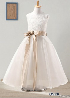 Jewel Neck White Tulle Ball Gown Flower Girl Dress with Big Bow