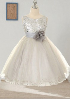 Organza Jewel Neck Ball Gown Flower Girl Dress with Hand-Made Flowers