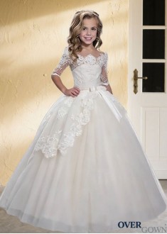 Elegant Short Sleeve Tulle Ball Gown Flower Girl Dress - Off Shoulder Applique Formal Dress