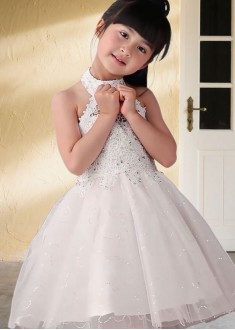 Tulle Halter Knee-Length A-Line Flower Girl Dress with Beading