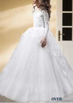 Elegant Long Sleeve Ball Gown Flower Girl Dress in Tulle - Floor Length