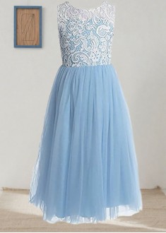 Jewel Neck Lace Flower Girl Dress A-Line Princess Floor Length