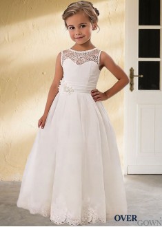 Sleeveless Tulle Scoop Neck Flower Girl A-Line Dress Floor-Length Natural Waist
