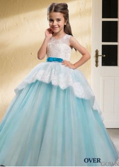 Jewel Neck Long Tulle Flower Girl Dress Satin Ribbon Belt