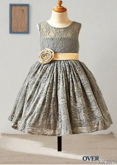 Tea-Length Lace Flower Girl A-Line Dress Scoop Zipper Hand-Made Flower Natural Waist