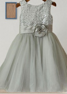 Tulle Flower Girl Dress with Sequins – Tea Length Princess Gown 