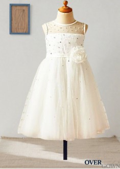 A-Line Princess Occasion Dress in Tulle - Sleeveless Hand-Made Flower Tea-Length