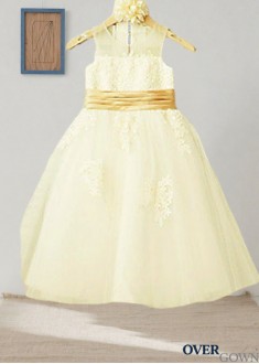 Tea-Length Tulle Lace Flower Girl A-Line Dress Scoop Zipper Natural Waist