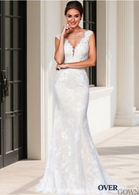 Lace Mermaid Wedding Dress V-Neck and Cap Sleeves – Sheath Bridal Gown Lace Mermaid Wedding Dress V-Neck and Cap Sleeves – Sheath Bridal Gown