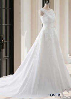 Tulle Lace Scoop Neck 2 In 1 Sleeveless Full Length Wedding Dresses