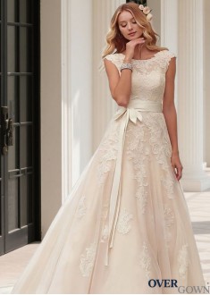 Scoop Neck Tulle Satin Wedding Dress Short Cap Sleeves Chapel Train