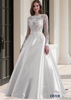 Elegant Long Sleeve Illusion Bateau Neck Tulle Satin A-Line Wedding Dress for Bride