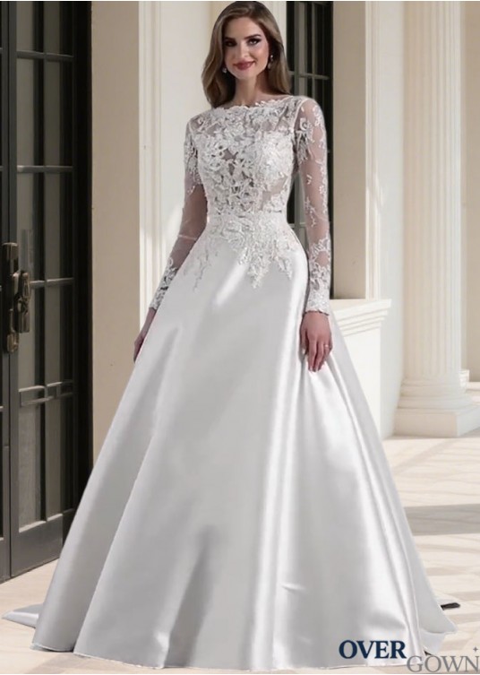 Elegant Long Sleeve Illusion Bateau Neck Tulle Satin A-Line Wedding Dress for Bride Elegant Long Sleeve Illusion Bateau Neck Tulle Satin A-Line Wedding Dress for Bride