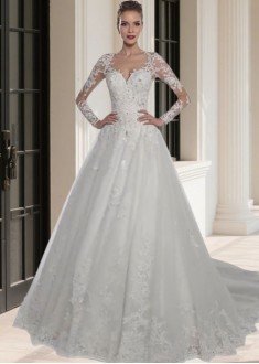 Elegant Jewel Neck Tulle A-Line Ball Gown with Illusion Long Sleeves Elegant Jewel Neck Tulle A-Line Ball Gown with Illusion Long Sleeves