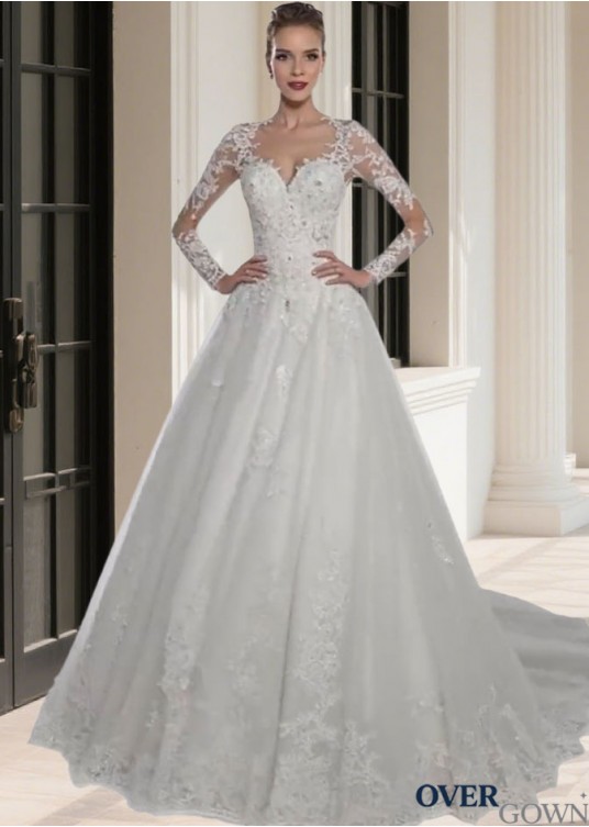 Elegant Jewel Neck Tulle A-Line Ball Gown with Illusion Long Sleeves Elegant Jewel Neck Tulle A-Line Ball Gown with Illusion Long Sleeves