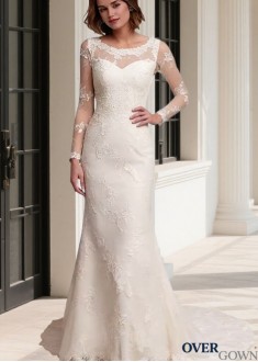 Full Length Natural Waist Lace Satin Beach Wedding Dress - Scoop Neck Sheath Column Illusion Long Sleeves
