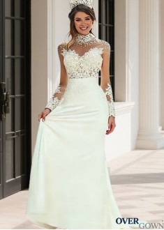 Illusion High Neck Sheath Wedding Gown Sweep Train Long Sleeves