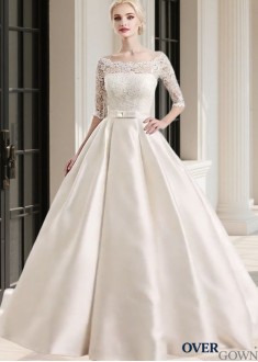 Elegant Bateau Neck Lace Satin Wedding Gown Sweep Train