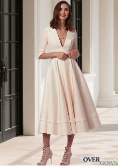 Taffeta Half Sleeve Tea Length Wedding Dress – V Neck A Line Bridal Gown