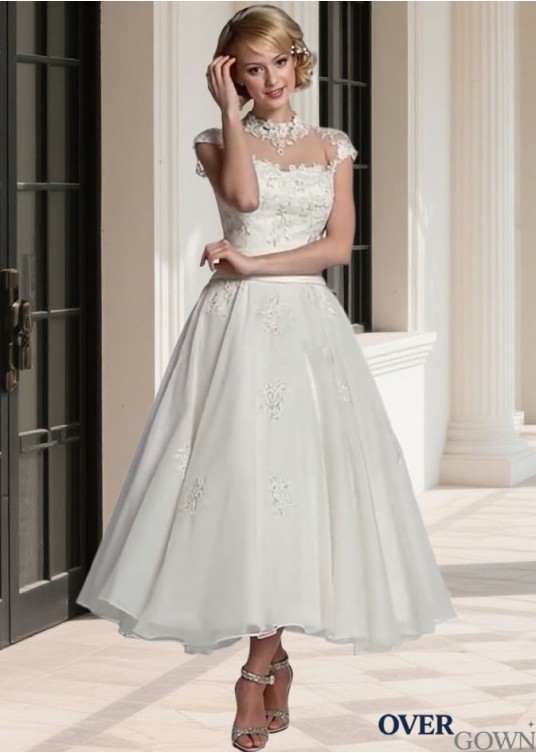 High Collar Tulle A Line Ankle Length Beach Wedding Dress for Brides High Collar Tulle A Line Ankle Length Beach Wedding Dress for Brides