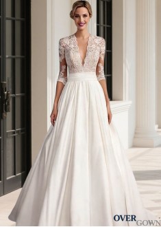 Cathedral Train Illusion Sleeve Beach Bridal Gown