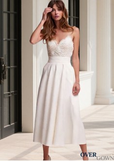 A-Line Lace Acetate Satin Tea Length Short Wedding Dress