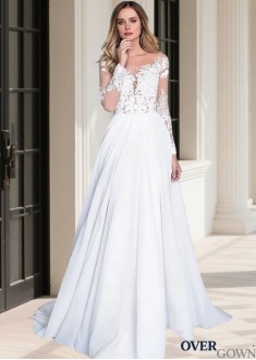 A-Line Illusion Long Sleeve Beach Wedding Dress Chapel Train